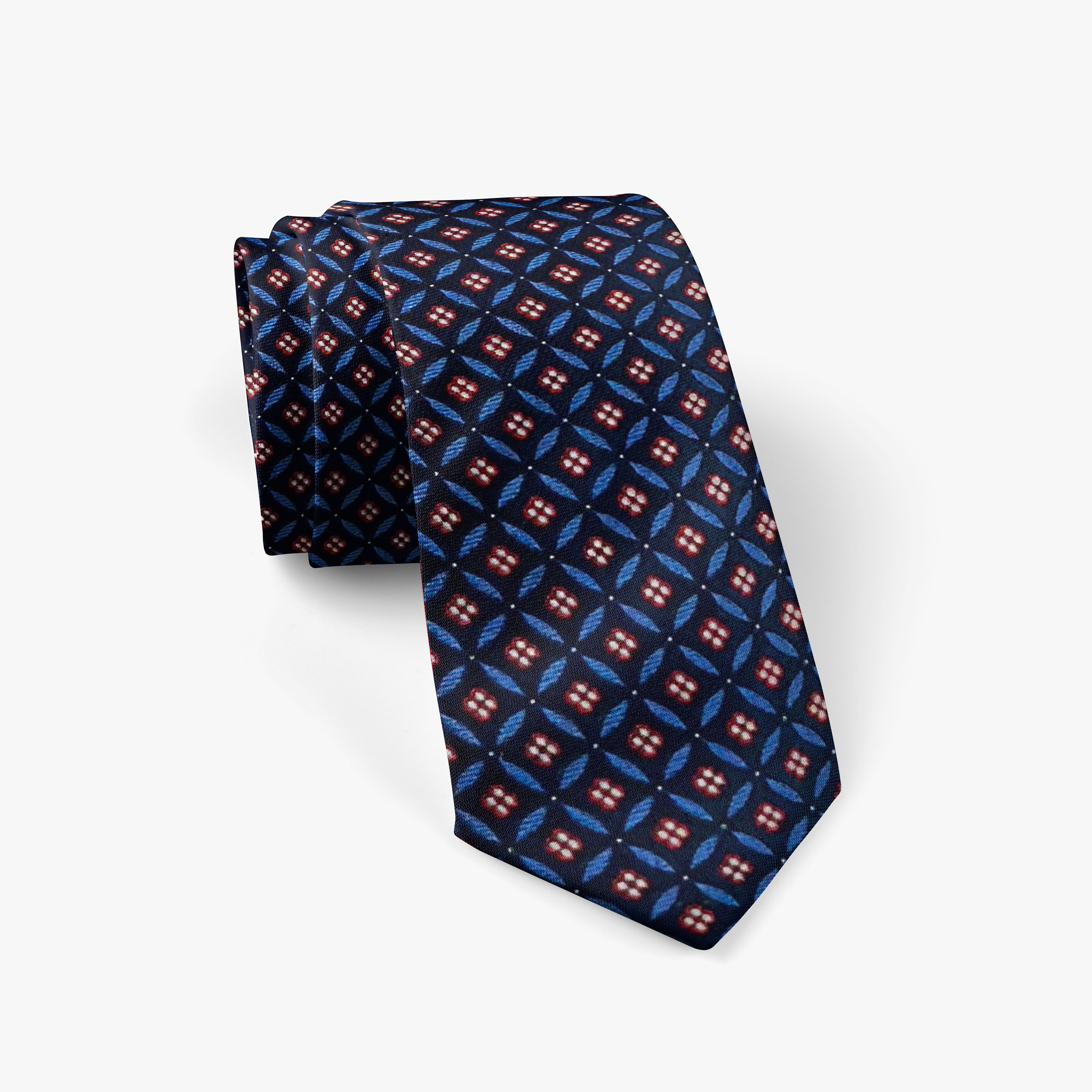 Blue Geometric Floral Silk Necktie