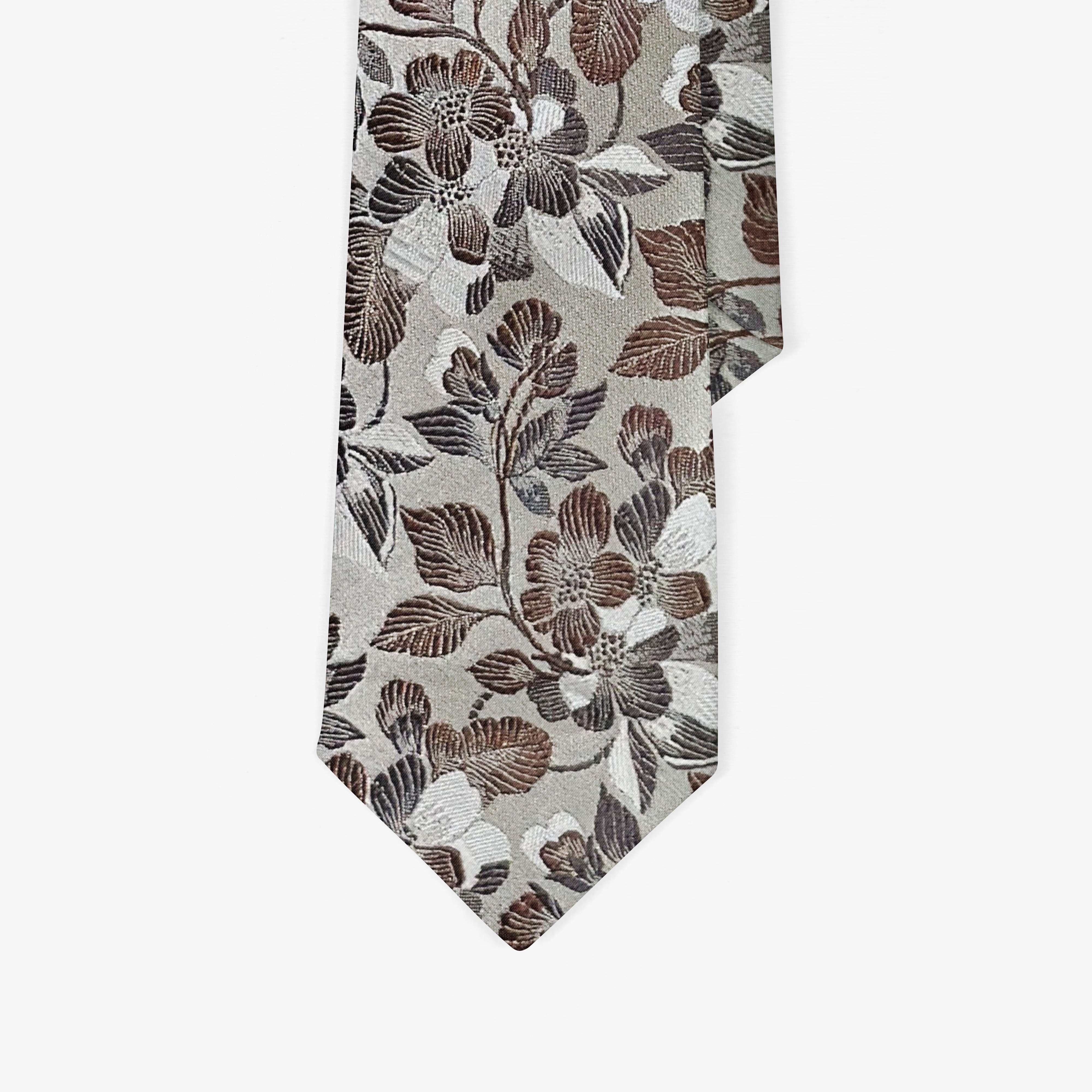 Grey-Brown Floral Silk Necktie